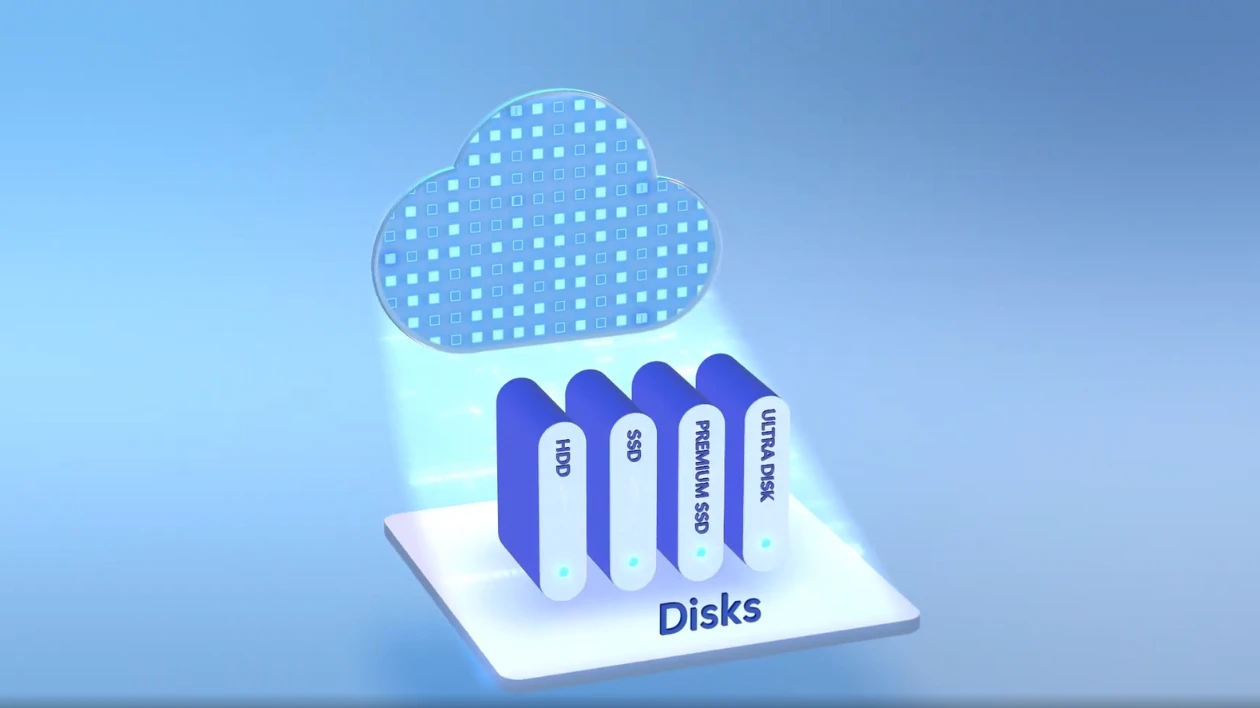 A blue visual of Azure Disk Storage, including HDD, SSD, premium SSD, and ultra disk