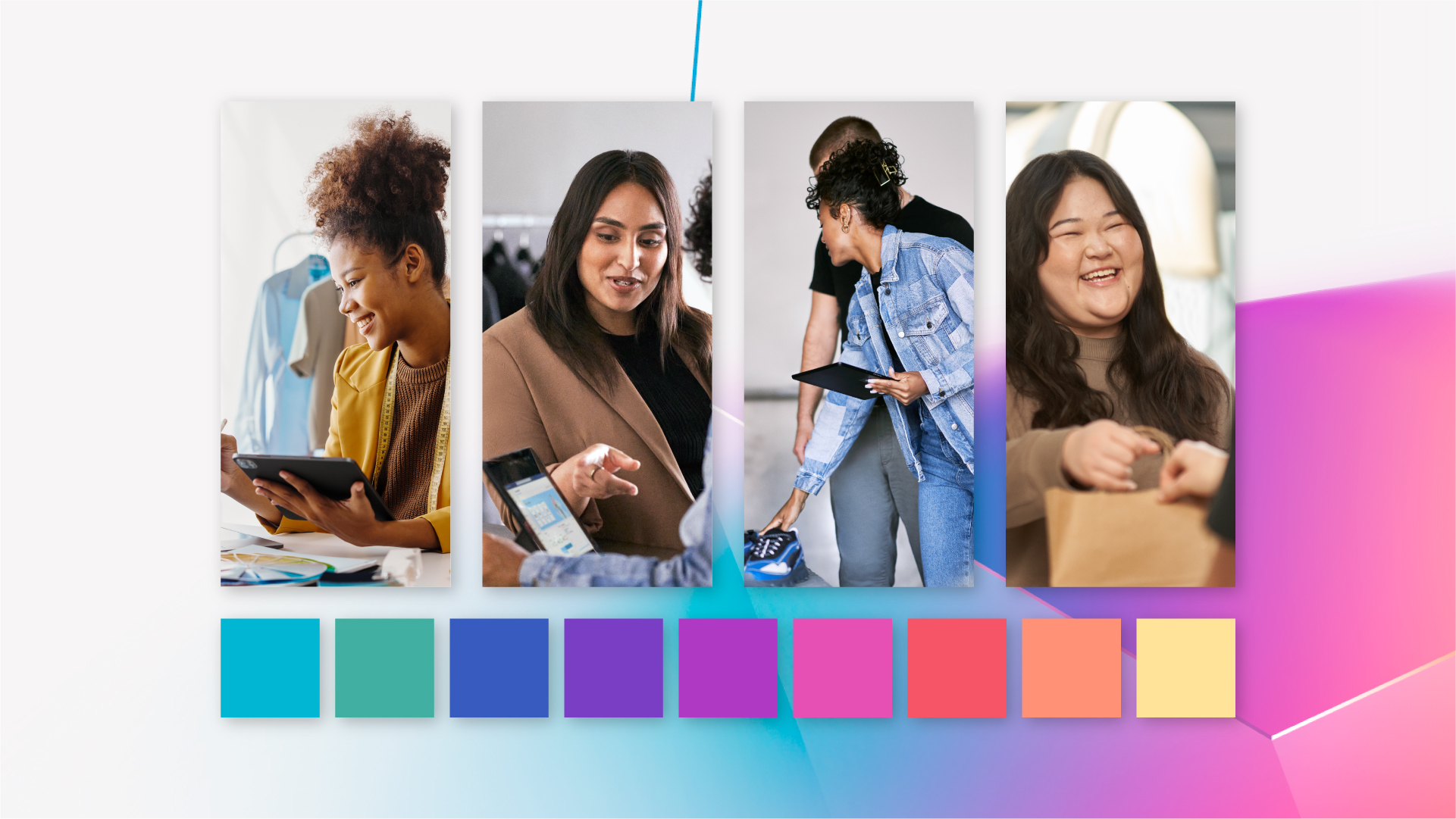 People in business settings. Variety of color swatches below the images