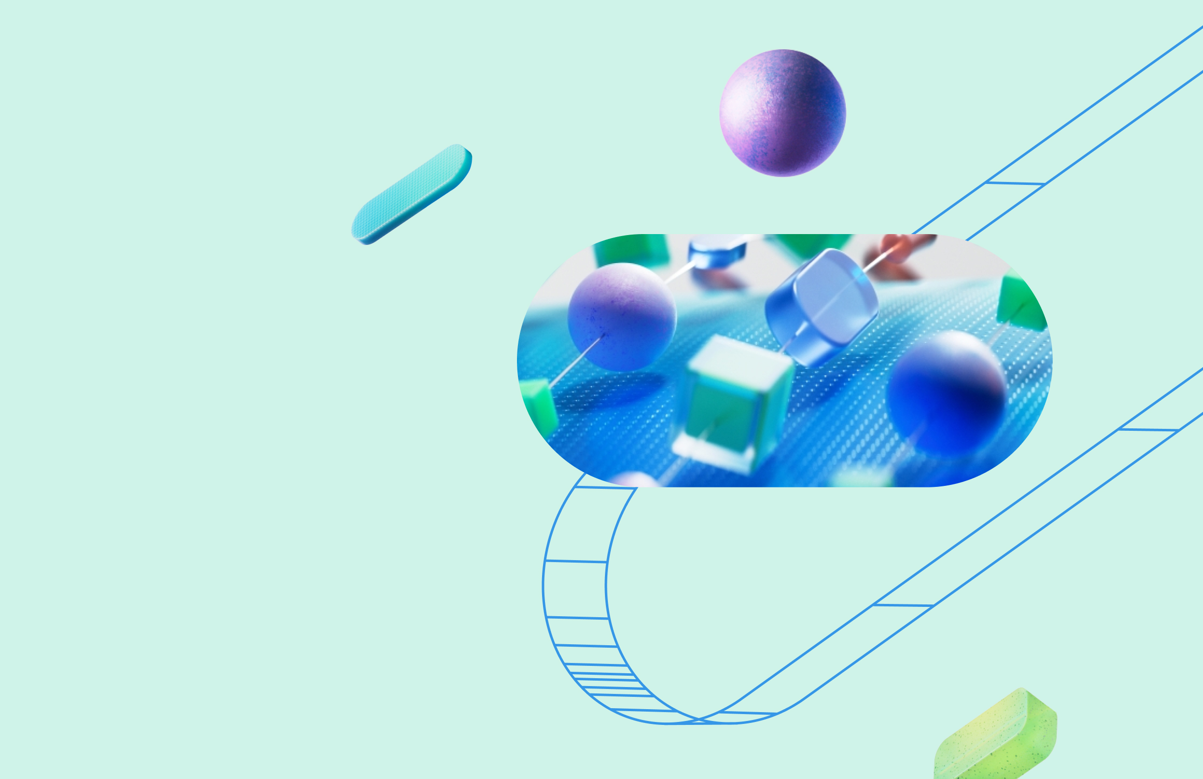 Abstract 3D cubes and spheres floating on a mint background with a curved blue line